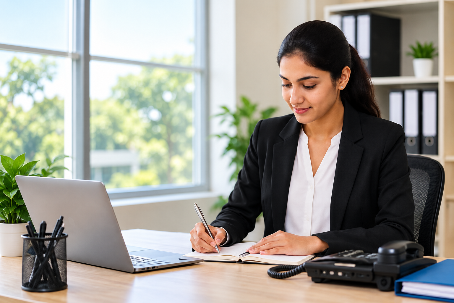 Office Administration student at laptop desk