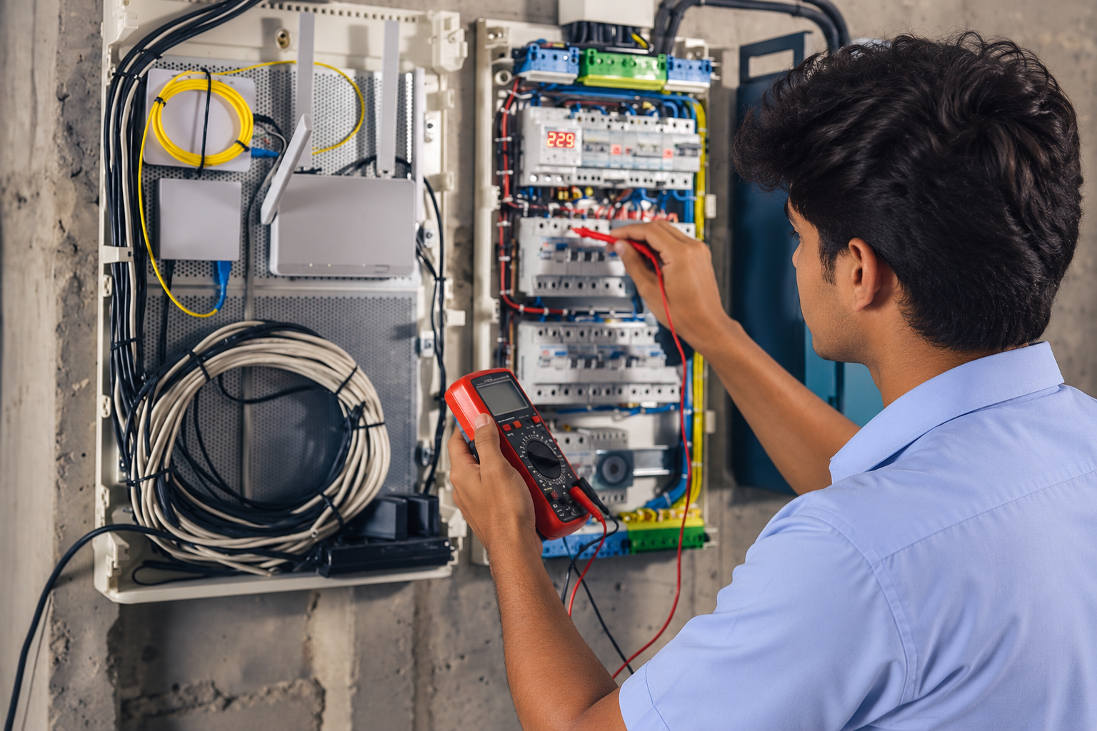 Electrical Engineering student testing distribution panel