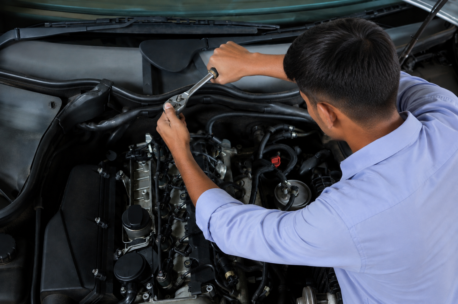 Automobile Engineering mechanic working on vehicle engine